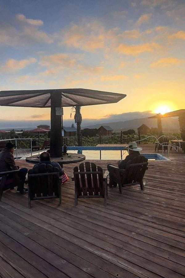 Terrace with pool at sunset in San Miguel Adventure Park.