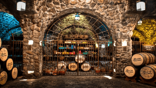 Bodega de vino en Guanajuato con barriles y estructura de piedra.