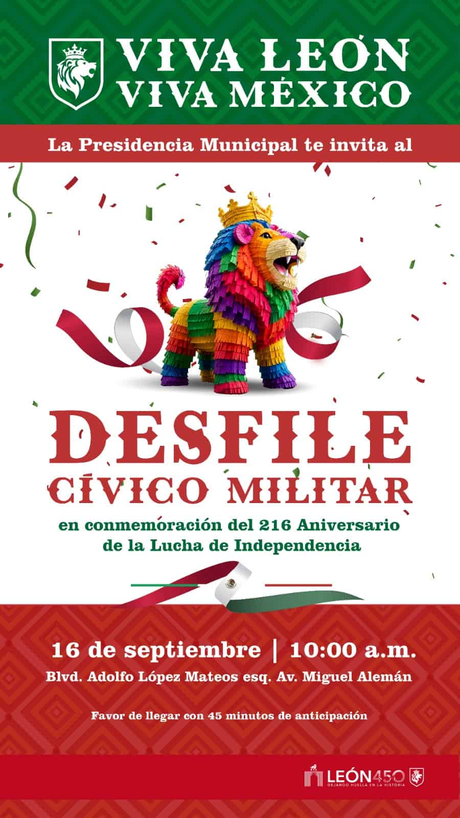 Desfile c&iacute;vico-militar en Guanajuato con colorido pi&ntilde;ata de le&oacute;n.