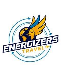 Energizers Travel Logo with a globe and wings, representing travel and energy in tourism.