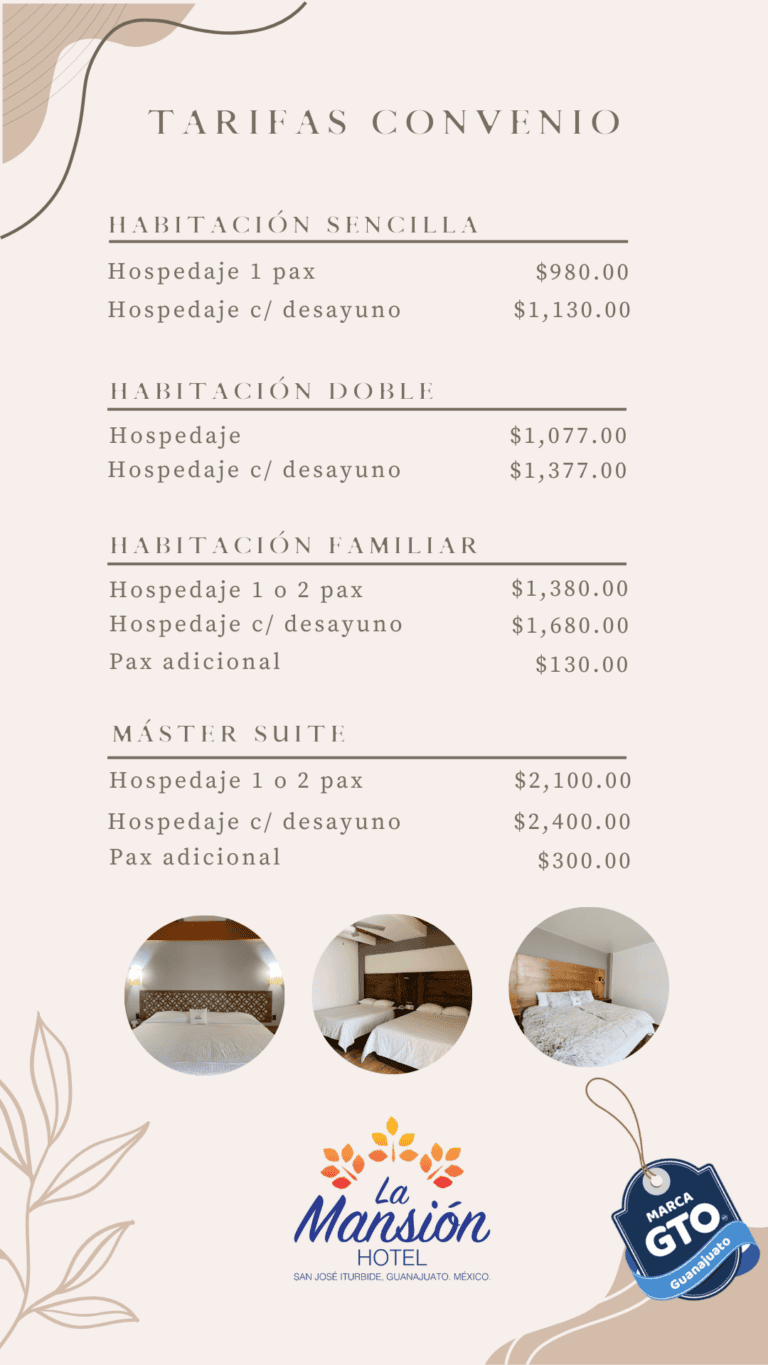 Habitaciones en Hotel La Mansión en Guanajuato, México, con tarifas y servicios.