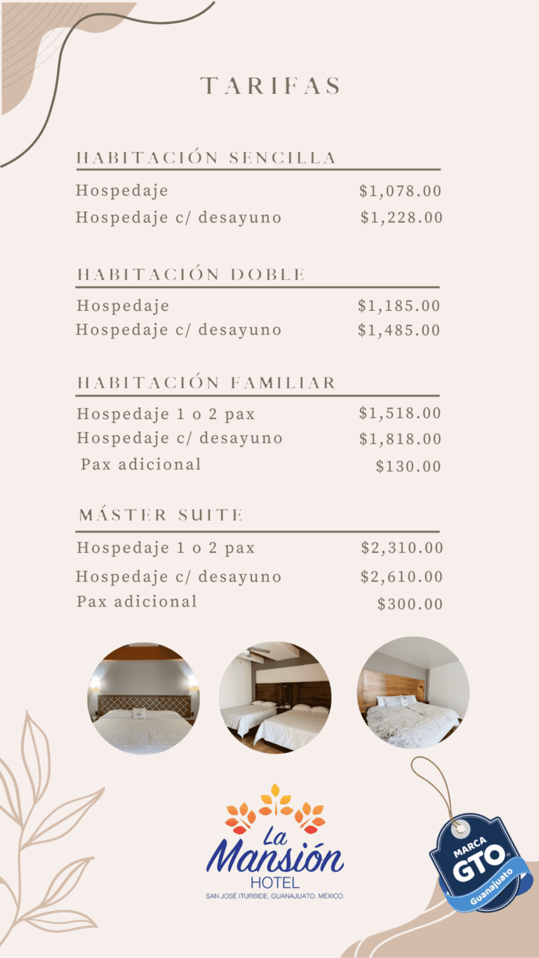 Precios y tipos de habitaciones en Hotel La Mansión, Guanajuato.