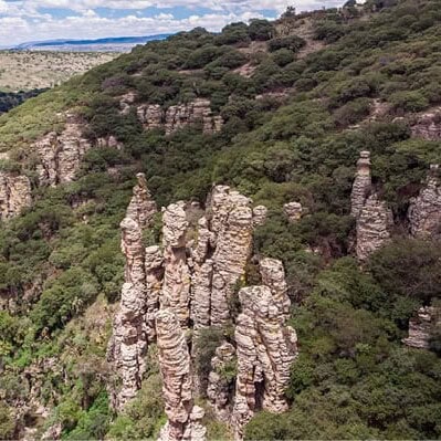 Formaciones rocosas en un cañón rodeado de vegetación en Guanajuato, México.