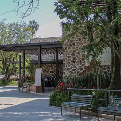 Entrada al Parque Zoológico de Irapuato en Guanajuato, rodeada de naturaleza y áreas verdes.