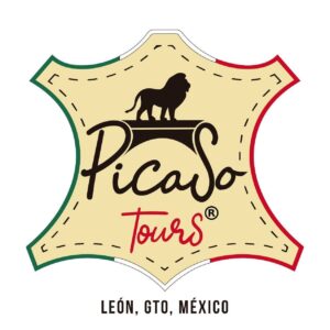 Logotipo de Picaso Tours en León, Guanajuato, México, con león y bandera mexicana.