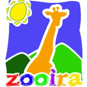 Logotipo colorido del Zoológico de Irapuato con jirafa y sol.
