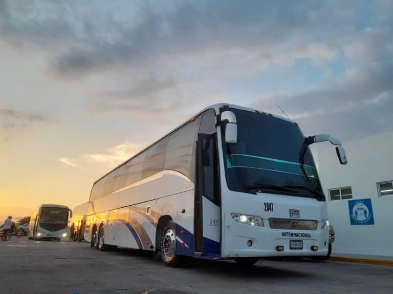 Tour bus in Guanajuato during sunset.