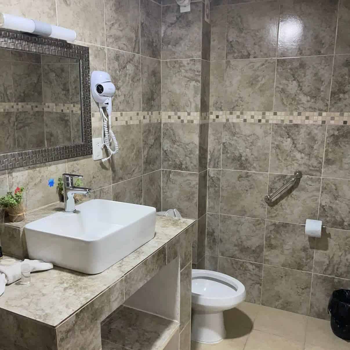 Accessible bathroom in Guanajuato hotel with modern sink, mirror, and accessories.