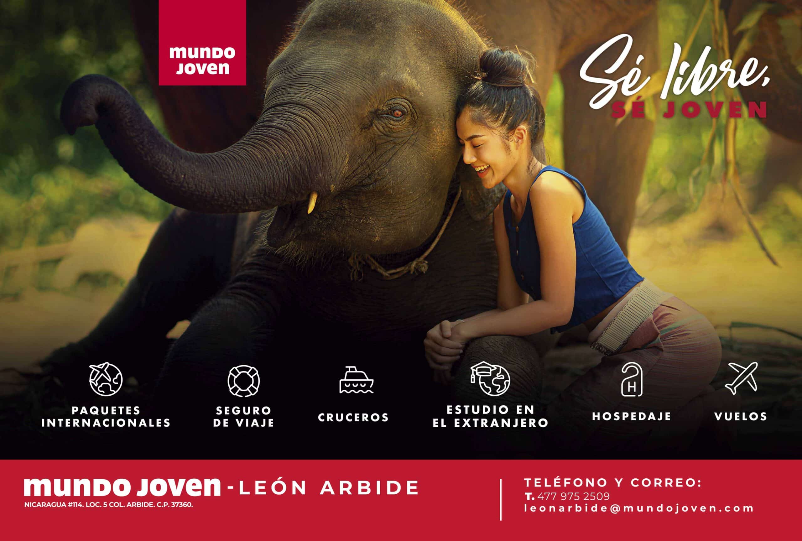 Joven y elefante en Guanajuato disfrutando del turismo y la naturaleza.