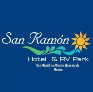Logotipo del Hotel San Ramón en Guanajuato, México, con sol y naturaleza.