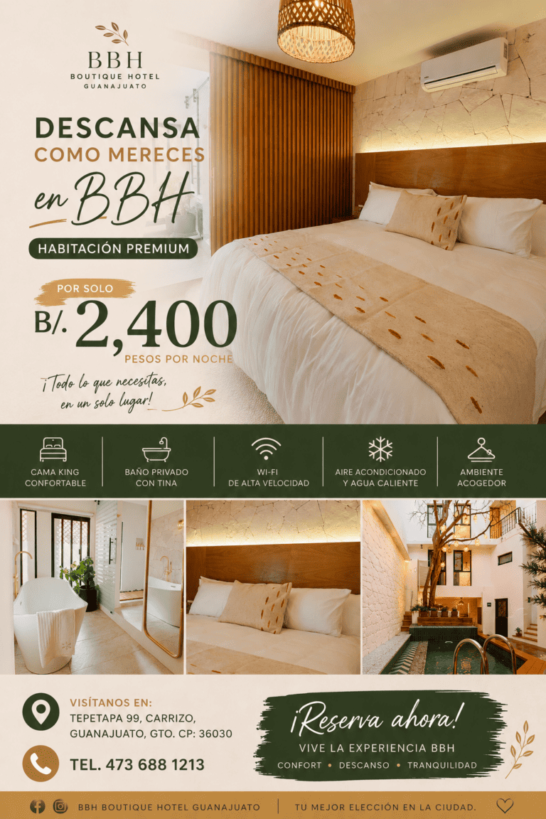 Spacious room with king-size bed, air conditioning, and Wi-Fi in Guanajuato.