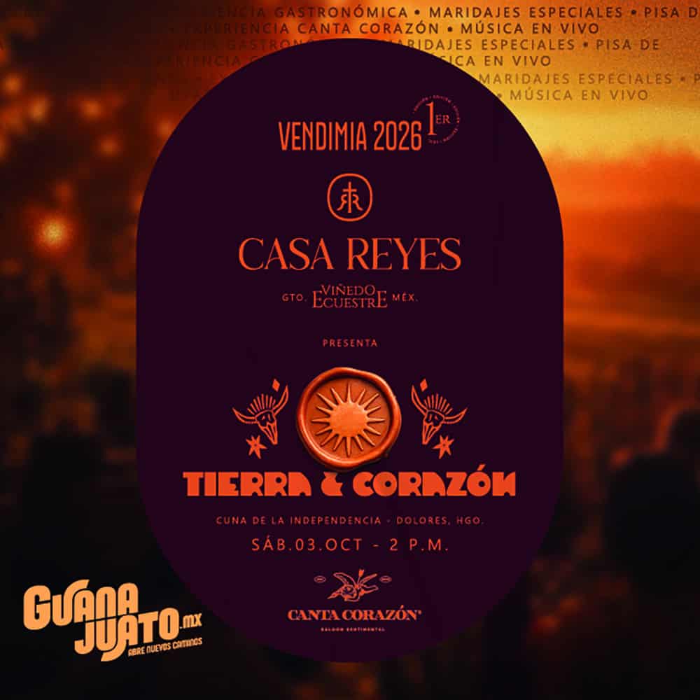Cartel de Vendimia Casa Reyes en Guanajuato, evento de vino y música en vivo.