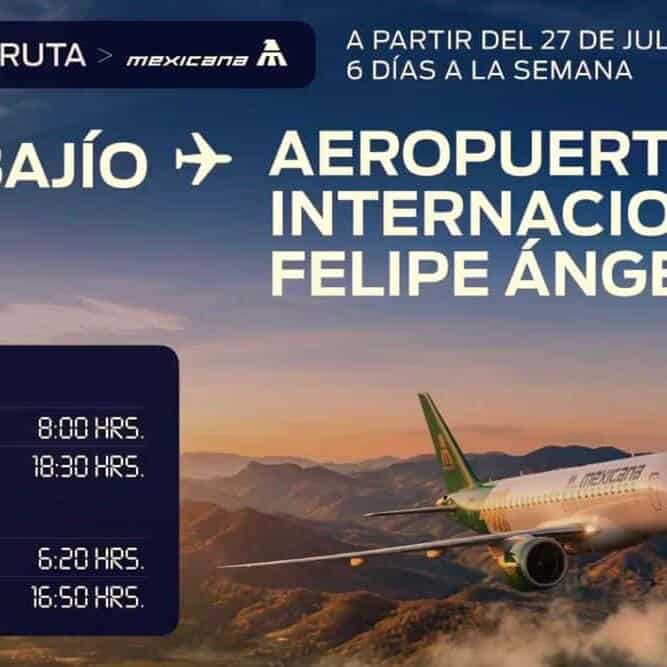 Avión en vuelo sobre nubes con promoción de ruta Bajío-AIFA en Guanajuato.