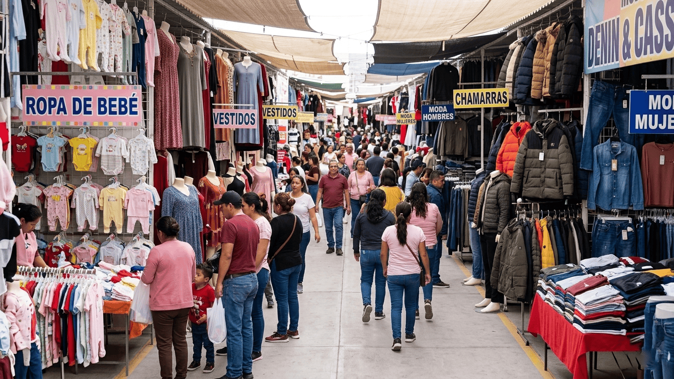 Mercado en Morole&oacute;n y Uriangato con tiendas de ropa y accesorios.