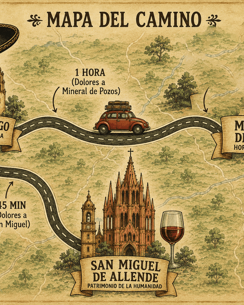 Paisaje histórico de Guanajuato con mapa del camino y puntos turísticos destacados en la ciudad.