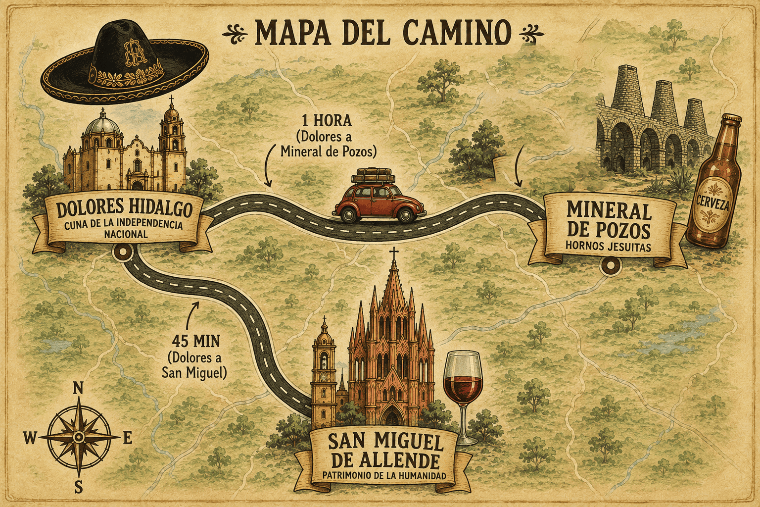 Paisaje hist&oacute;rico de Guanajuato con mapa del camino y puntos tur&iacute;sticos destacados en la ciudad.