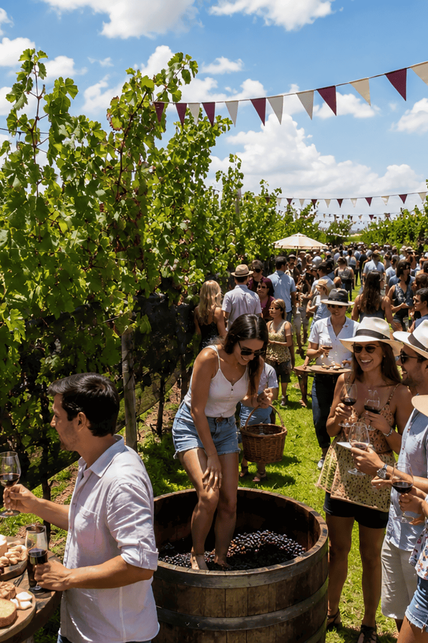 Disfruta de la Fiesta del Vino en Vendimia, rodeado de viñedos y degustaciones en un ambiente festiv.