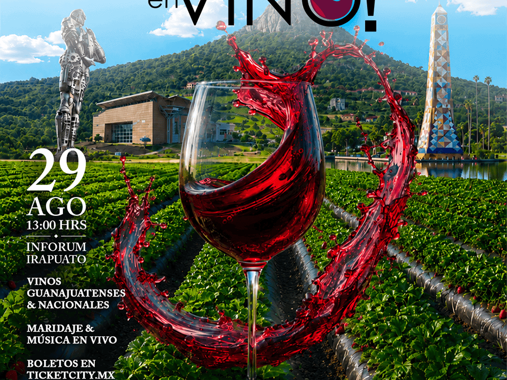 Vino en copa con paisaje de viñedos y monumentos en Guanajuato, México, para promover turismo y cult.