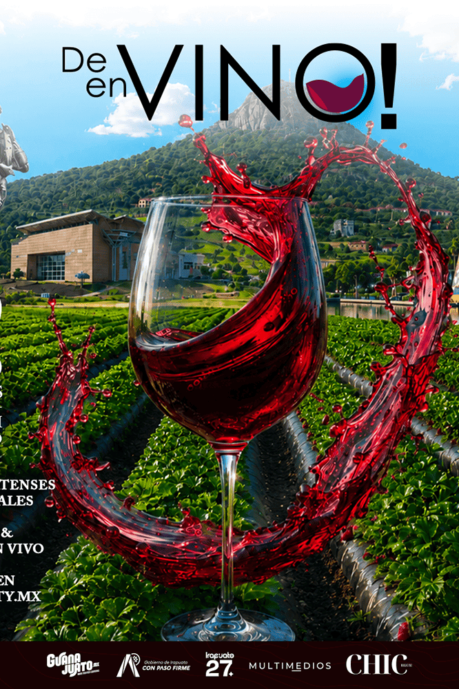 Glass of wine with a landscape of vineyards and monuments in Guanajuato, Mexico, to promote tourism and cult.