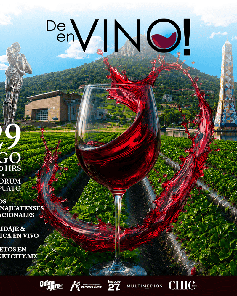 Vino en copa con paisaje de viñedos y monumentos en Guanajuato, México, para promover turismo y cult.