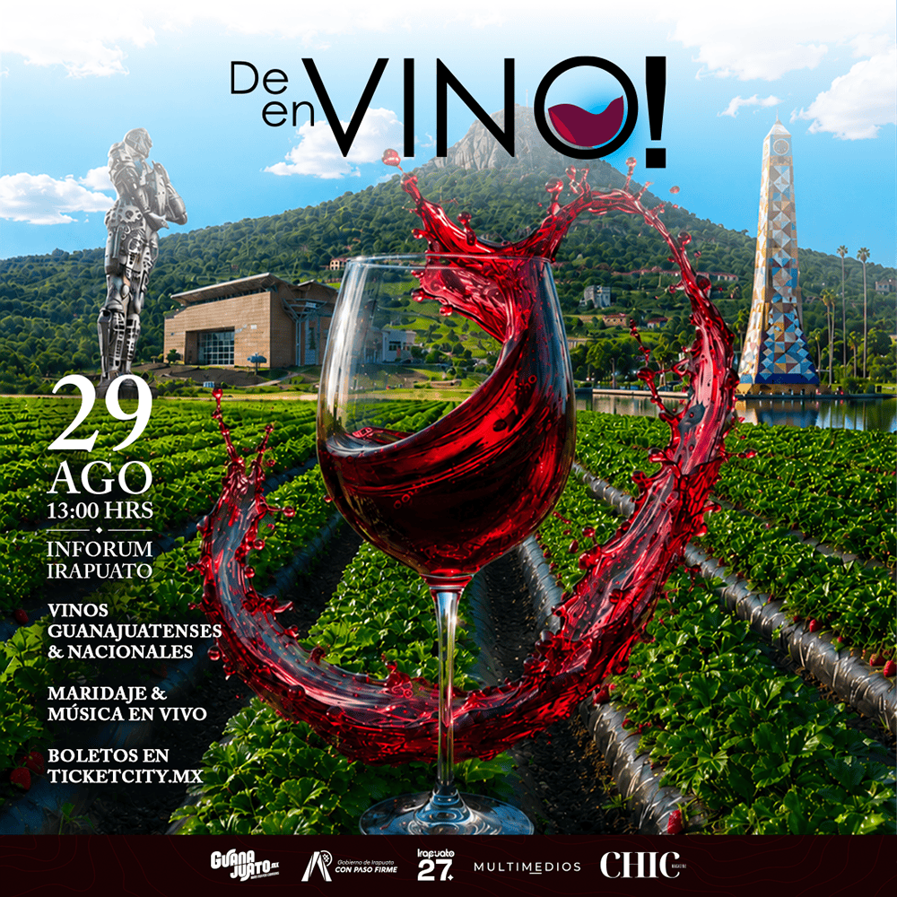 Vino en copa con paisaje de viñedos y monumentos en Guanajuato, México, para promover turismo y cult.