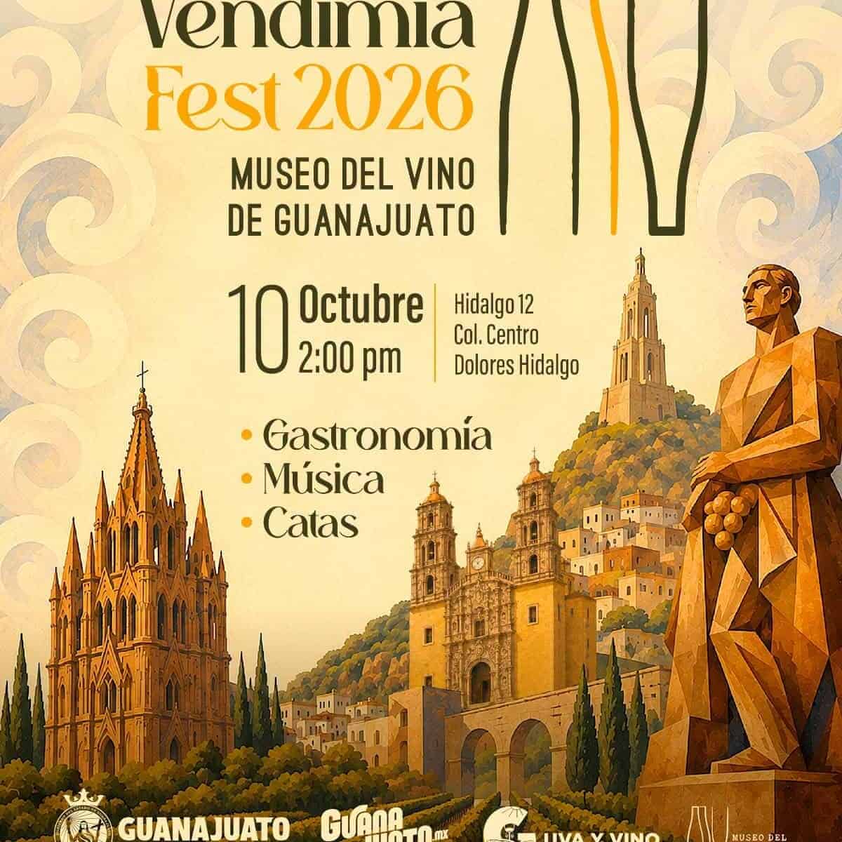 Cartel de Vendimia Fest 2026 en Museo del Vino, Guanajuato, con monumentos y vino.