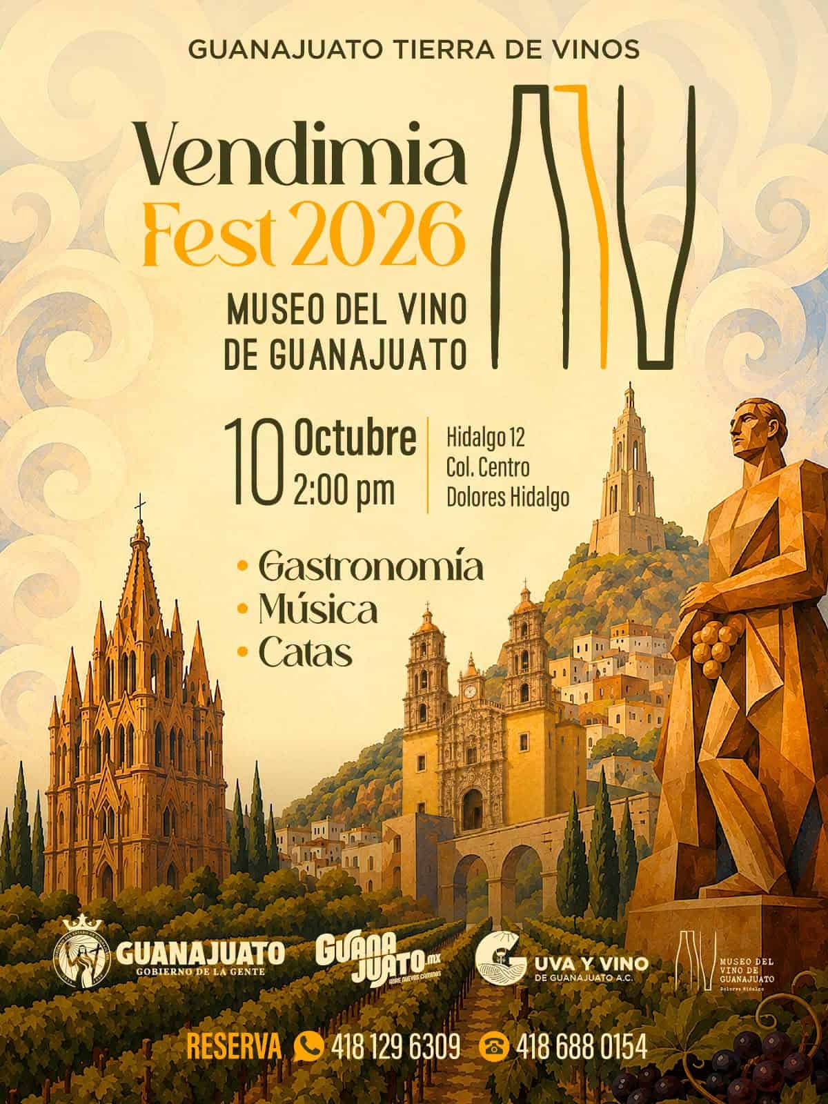 Cartel de Vendimia Fest 2026 en Museo del Vino, Guanajuato, con monumentos y vino.