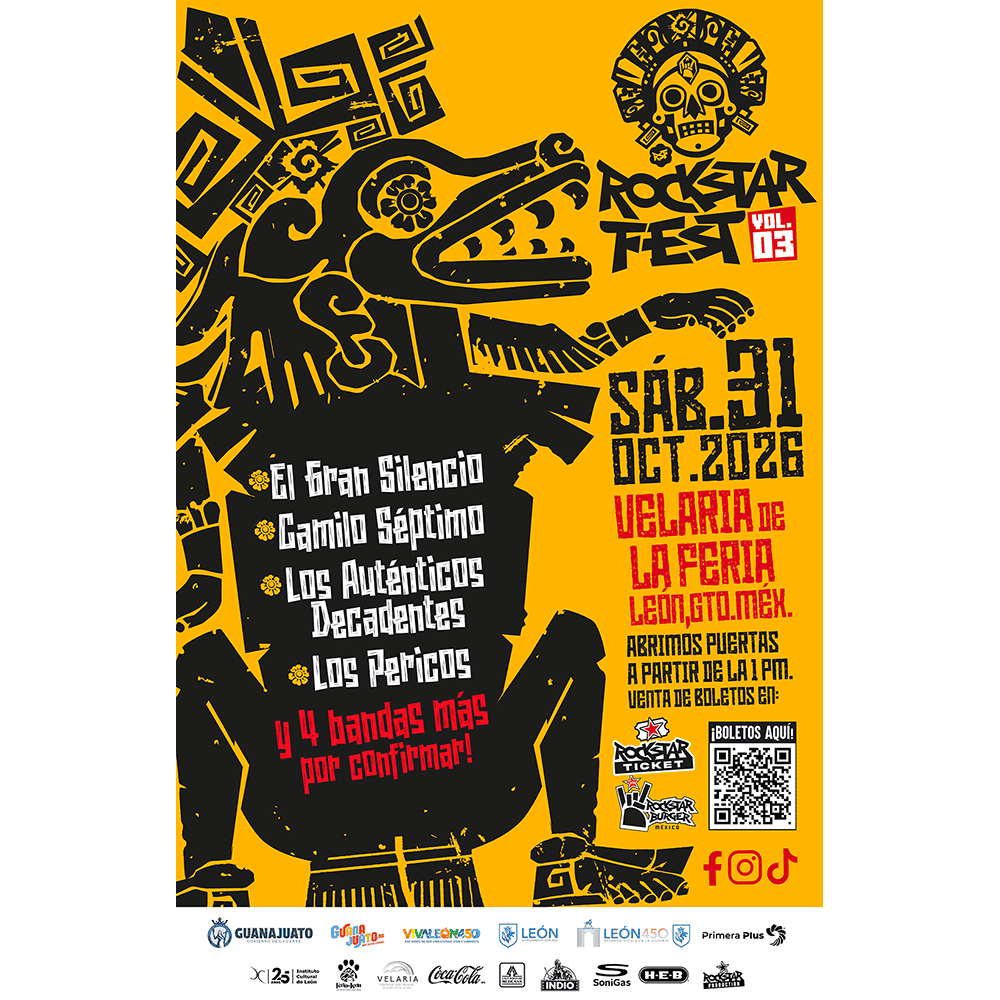 Cartel del Festival de Rock en León, Guanajuato, con temática de Día de Muertos y música en vivo.