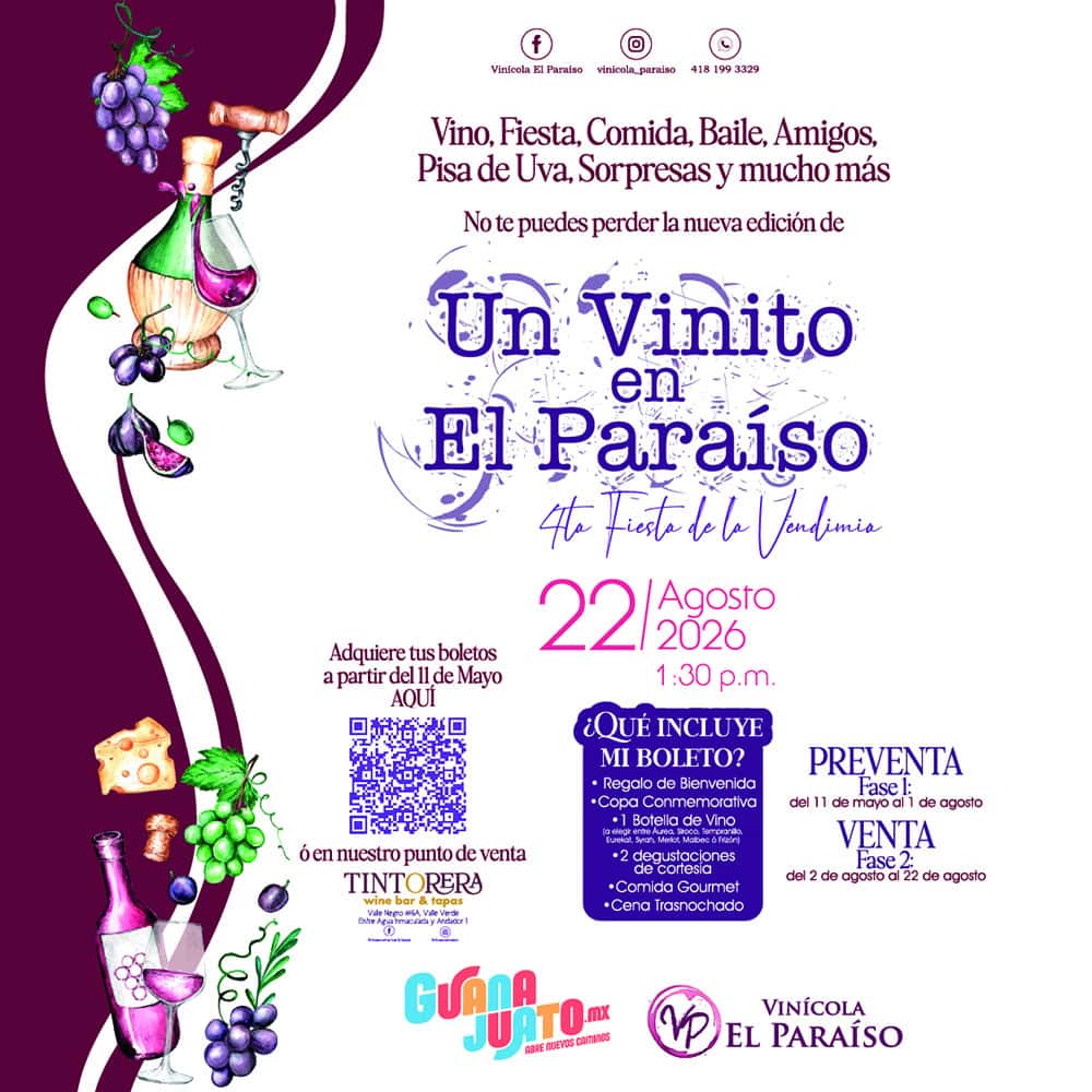 Celebraci&oacute;n de vino, comida, baile y amigos en Guanajuato, M&eacute;xico, en agosto 2026. Disfruta de la fi.