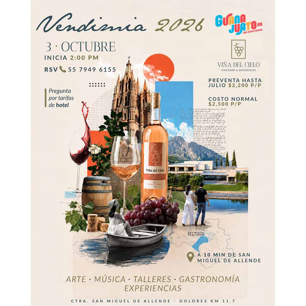Evento de Vendimia 2026 en Viña del Cielo, Guanajuato, con vino y paisaje.