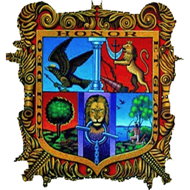Heraldic shield of Mineral de Pozos, Guanajuato, with historical and cultural symbols.