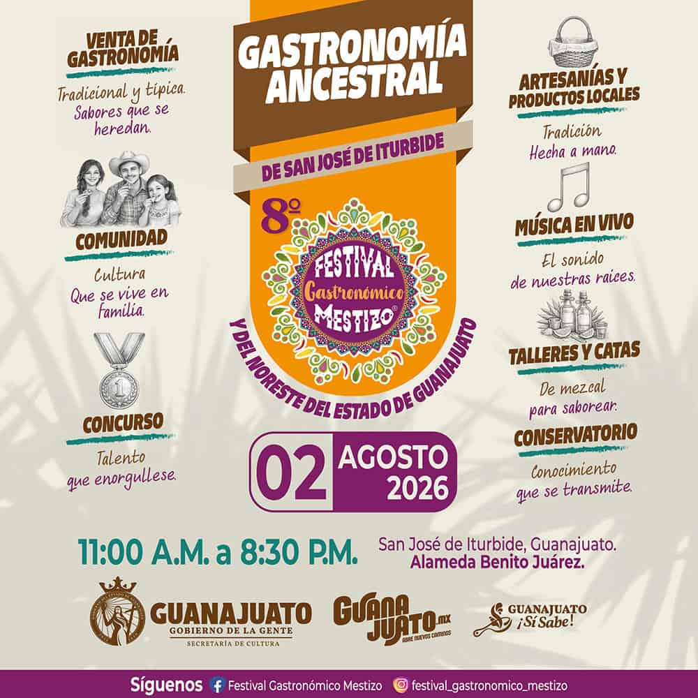 Cartel del 8.&deg; Festival Gastron&oacute;mico Mestizo en Guanajuato, 2026.