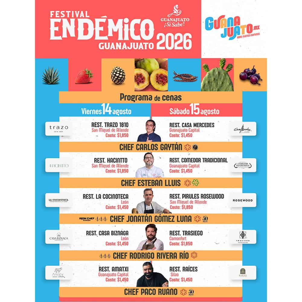 Cartel del Festival End&eacute;mico 2026 en Guanajuato con chefs y fechas.