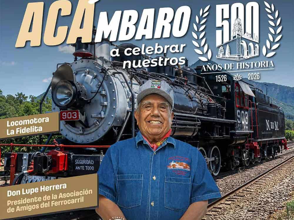 Locomotora La Fidelita y Don Lupe Herrera en celebración de 500 años de historia en Acámbaro.
