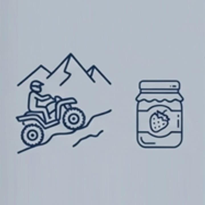 Dibujo de un ATV en monta&ntilde;a y un frasco de mermelada de fresa.
