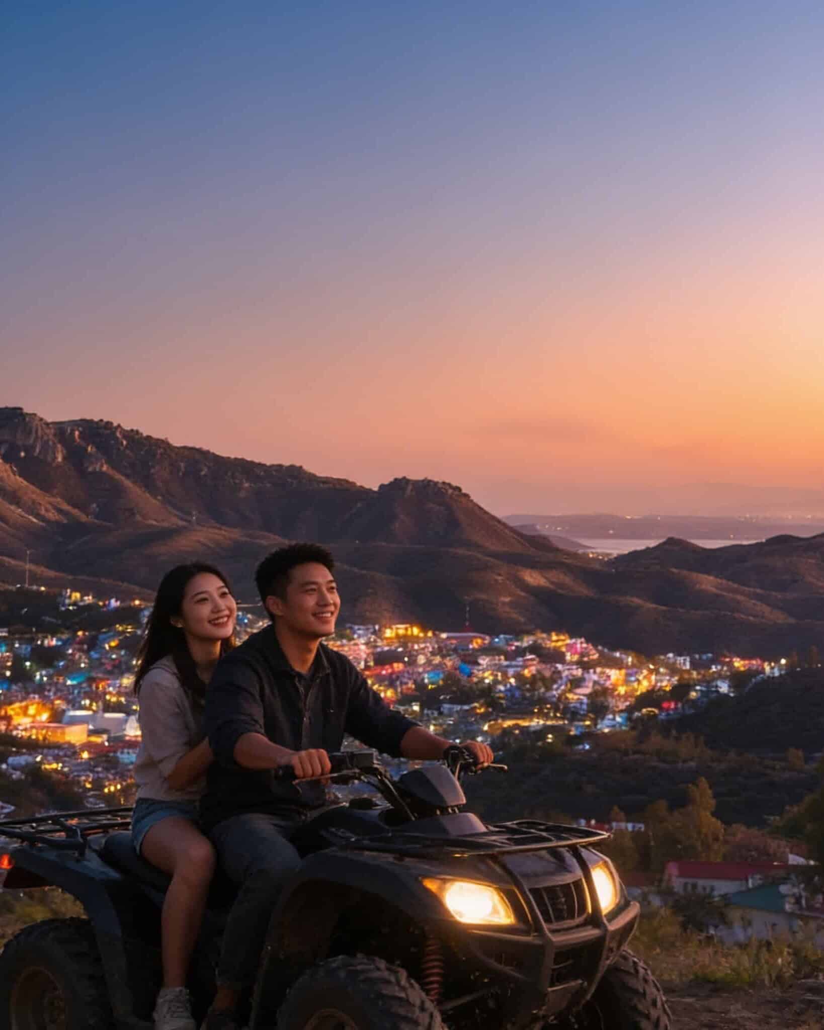 Young people enjoying an ATV ride in Guanajuato at sunset.