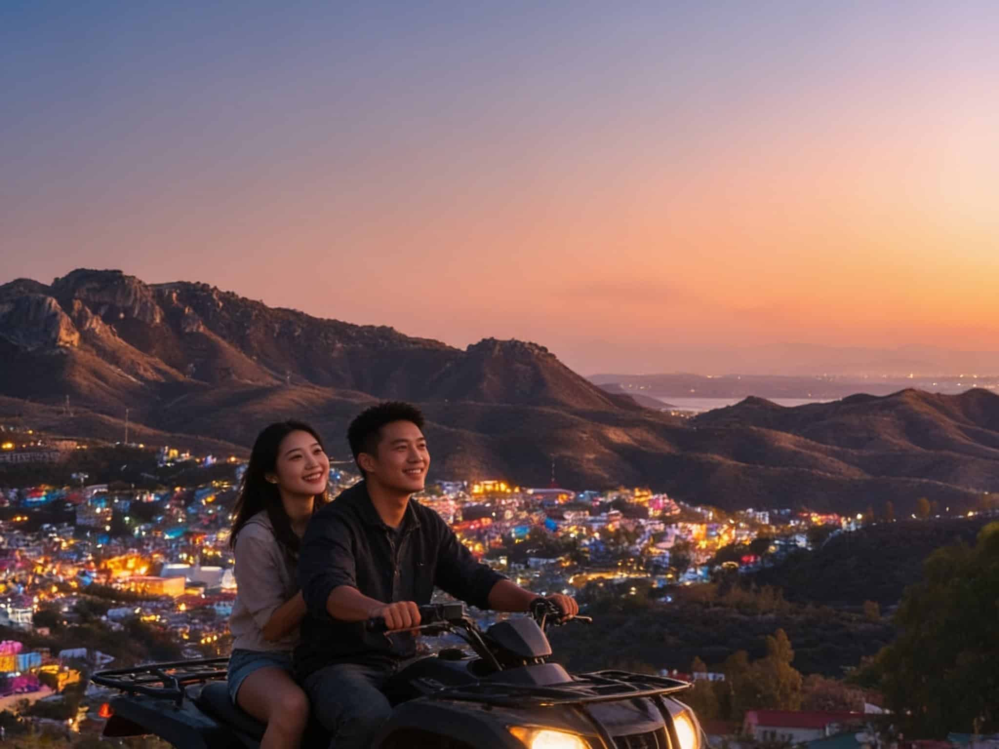 Jóvenes disfrutando un paseo en cuatrimoto en Guanajuato al atardecer.