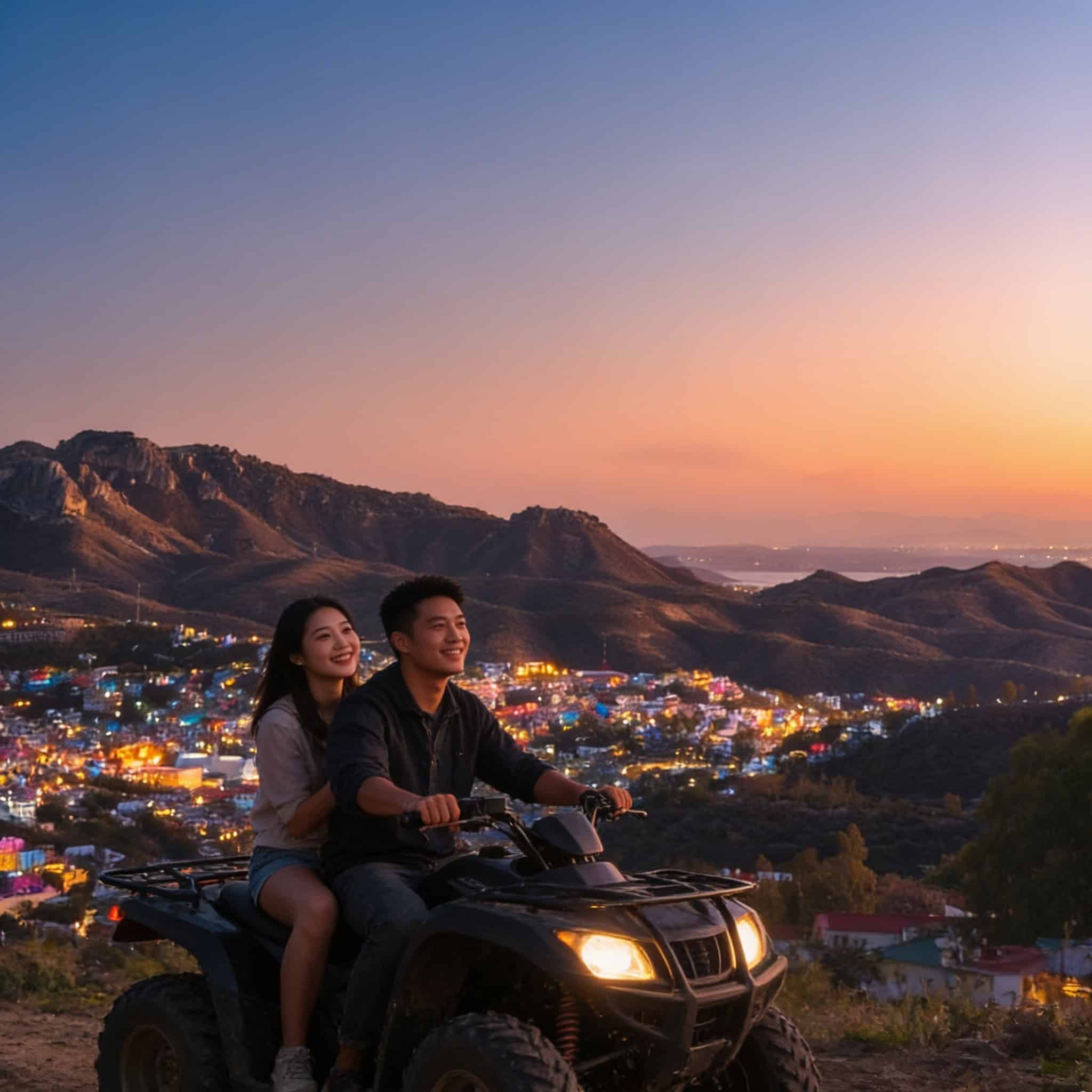 J&oacute;venes disfrutando un paseo en cuatrimoto en Guanajuato al atardecer.