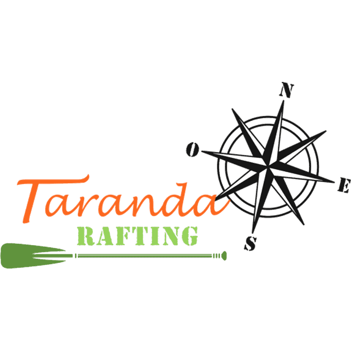 Logo de Taranda Rafting con brújula y kayak en fondo blanco.