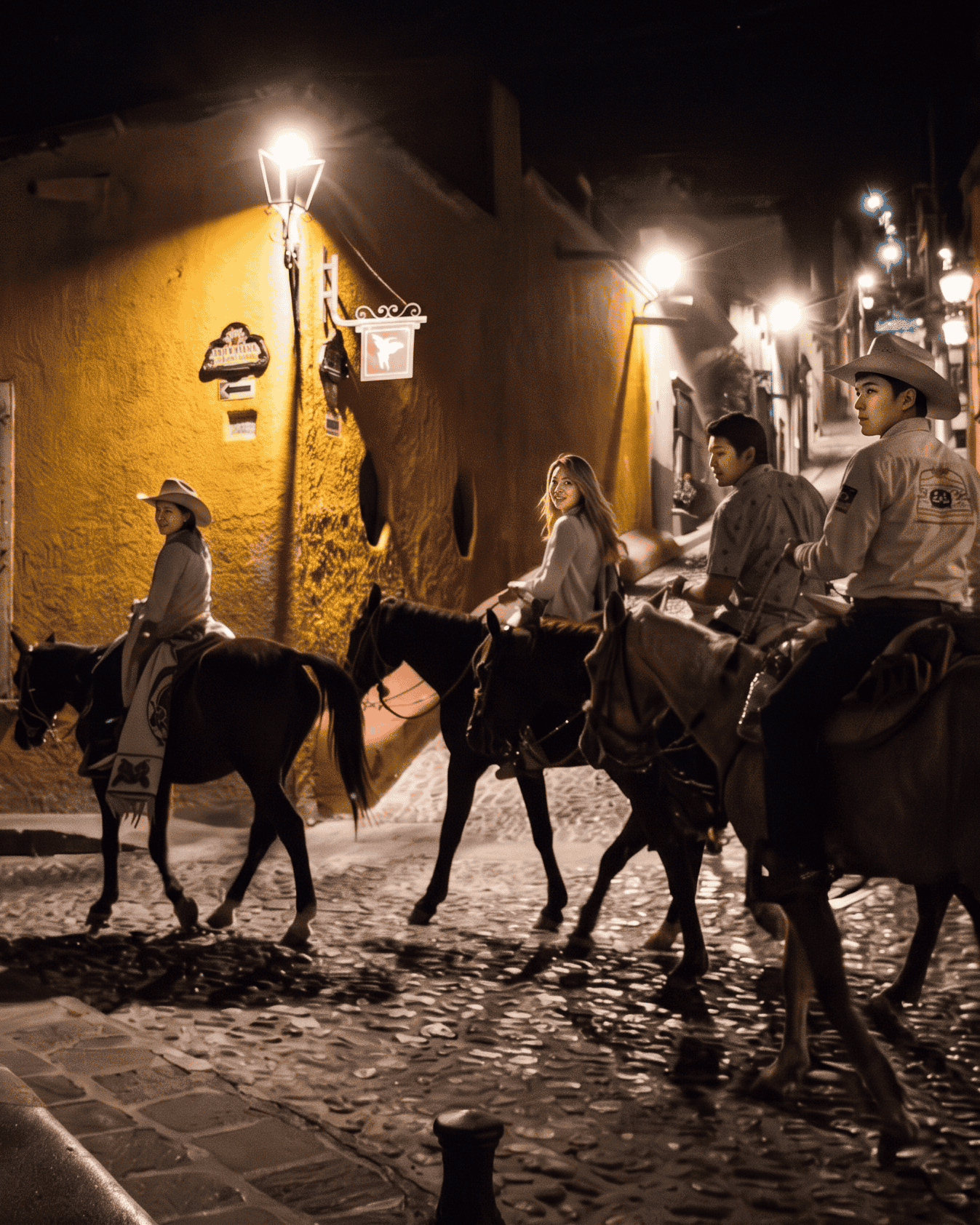 Turistas montando caballos en calle empedrada de Guanajuato por la noche.