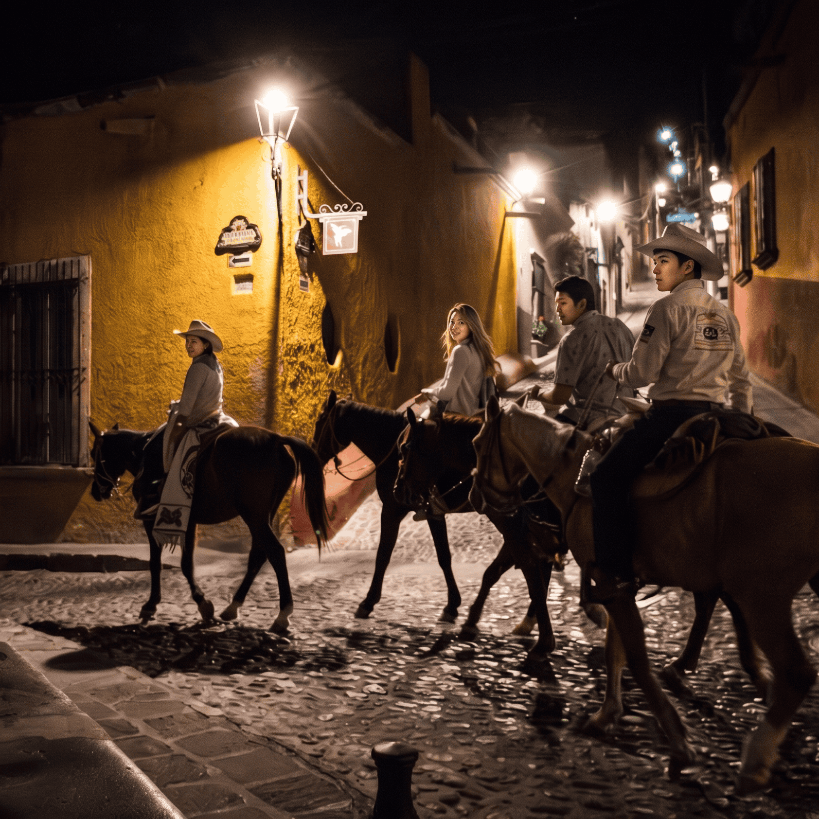Turistas montando caballos en calle empedrada de Guanajuato por la noche.