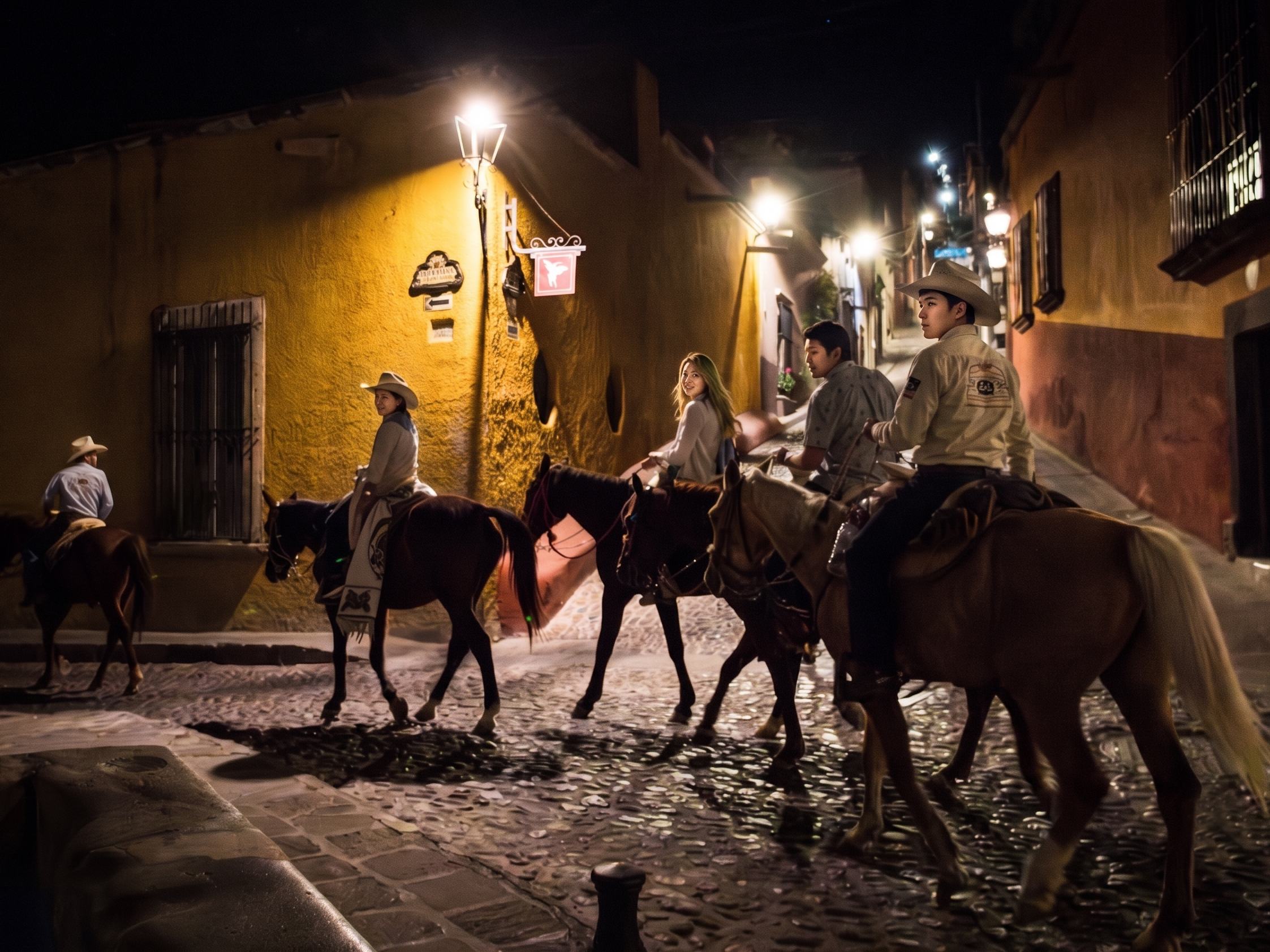 Turistas montando caballos en calle empedrada de Guanajuato por la noche.