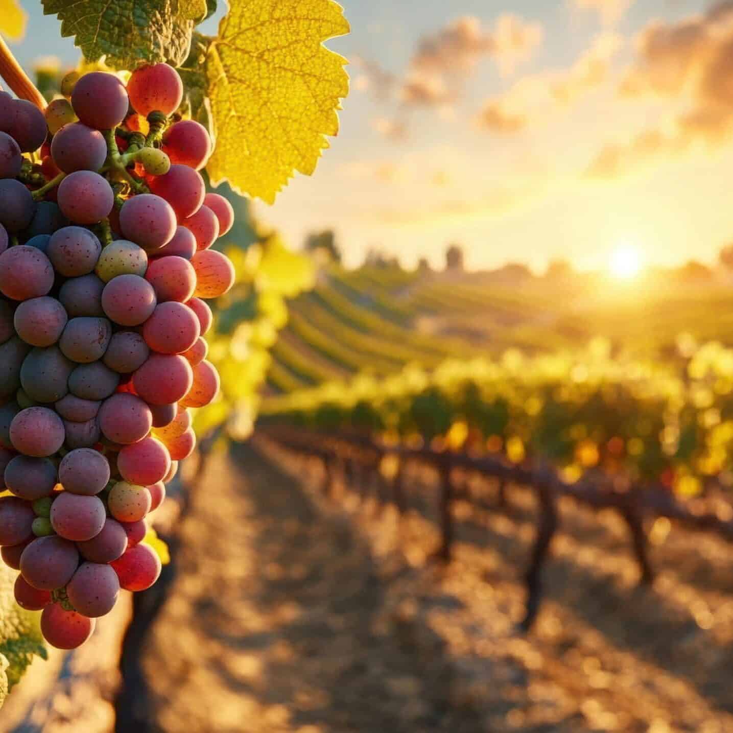 Viñedo en Guanajuato con uvas maduras al atardecer.