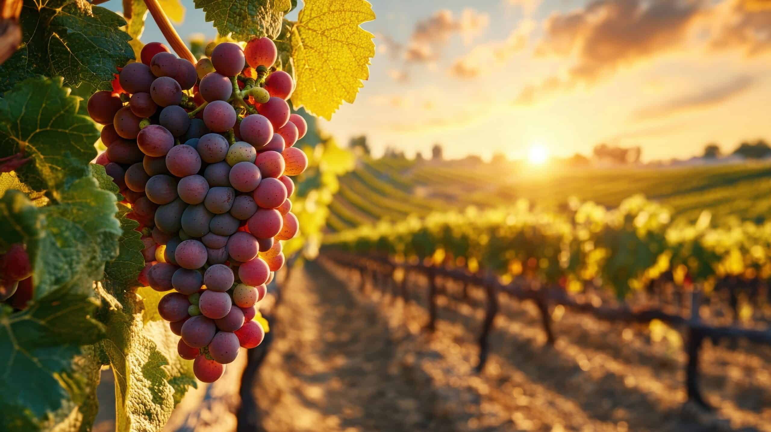 Viñedo en Guanajuato con uvas maduras al atardecer.