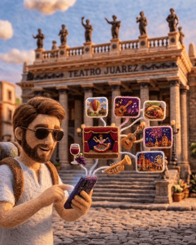 Turista disfrutando de la cultura y festivales en Guanajuato, México.