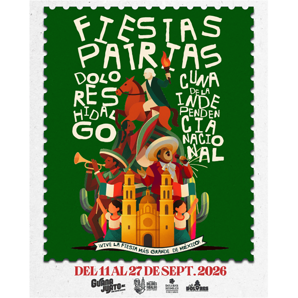 Cartel de las fiestas patrias de Guanajuato 2026 con personajes y monumentos.