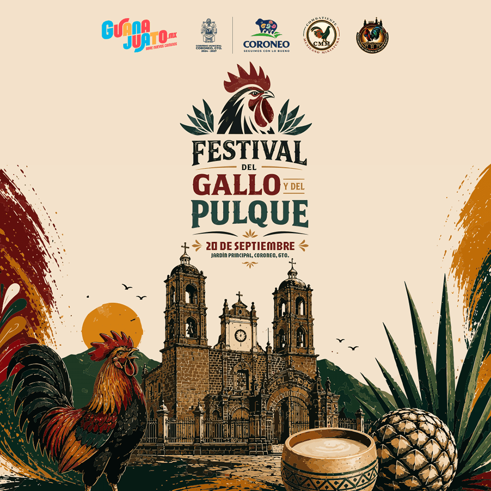 Cartel del Festival del Gallo y del Pulque en Guanajuato, México, con iglesia colonial y elementos t.