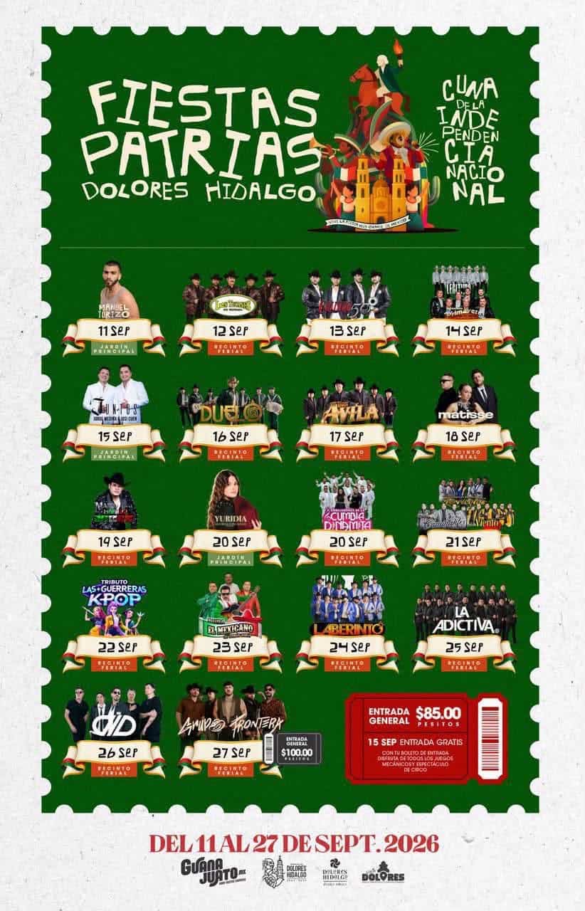 Cartel de las Fiestas Patrias en Dolores Hidalgo 2026 con eventos y fechas.
