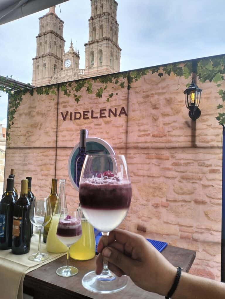 Vino en copa en evento de turismo en Guanajuato, México.