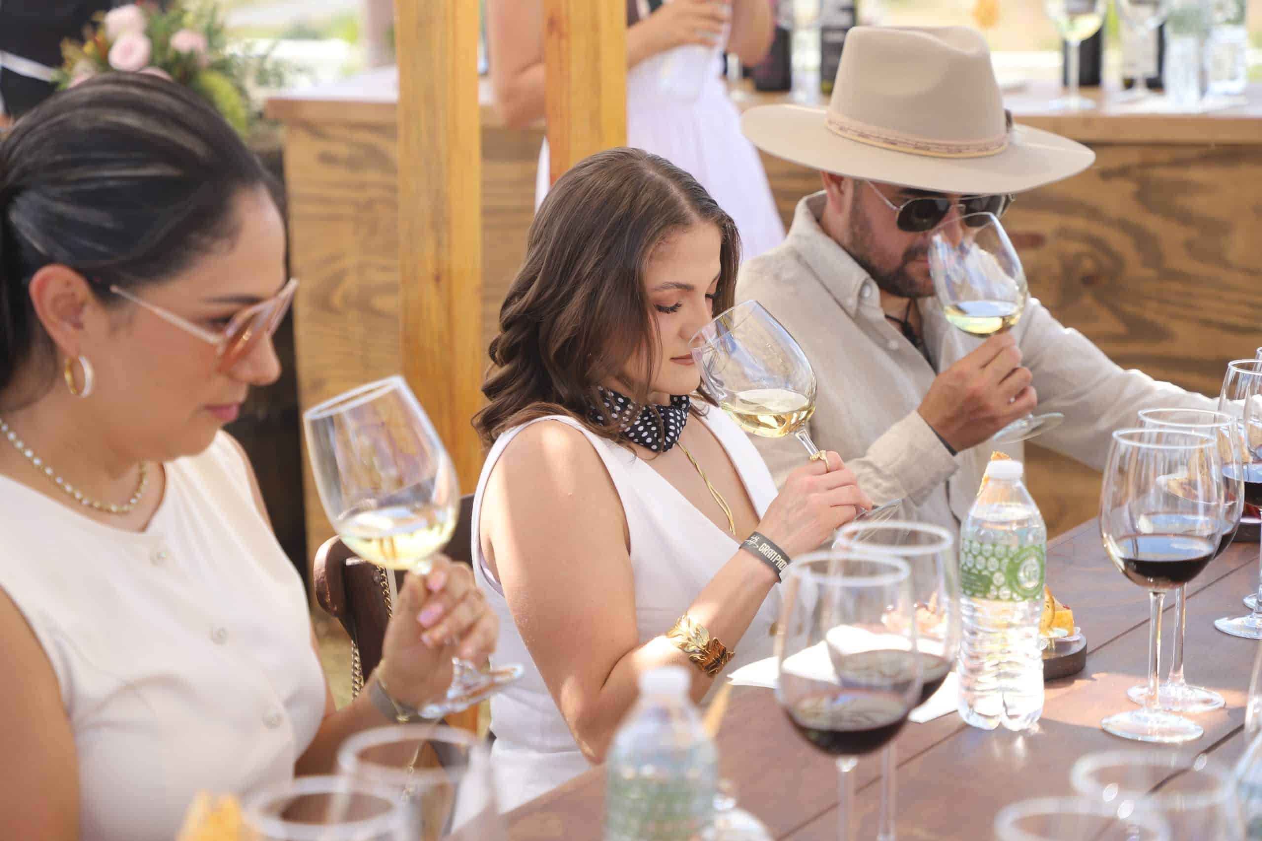 Personas disfrutando de vino en evento de vendimia en Guanajuato.